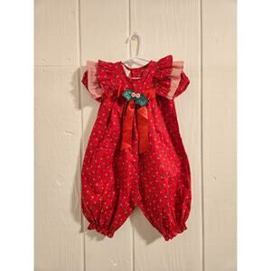 12m Baby Girl Vintage Rare Editions Holiday Mistletoe Romper With Bow